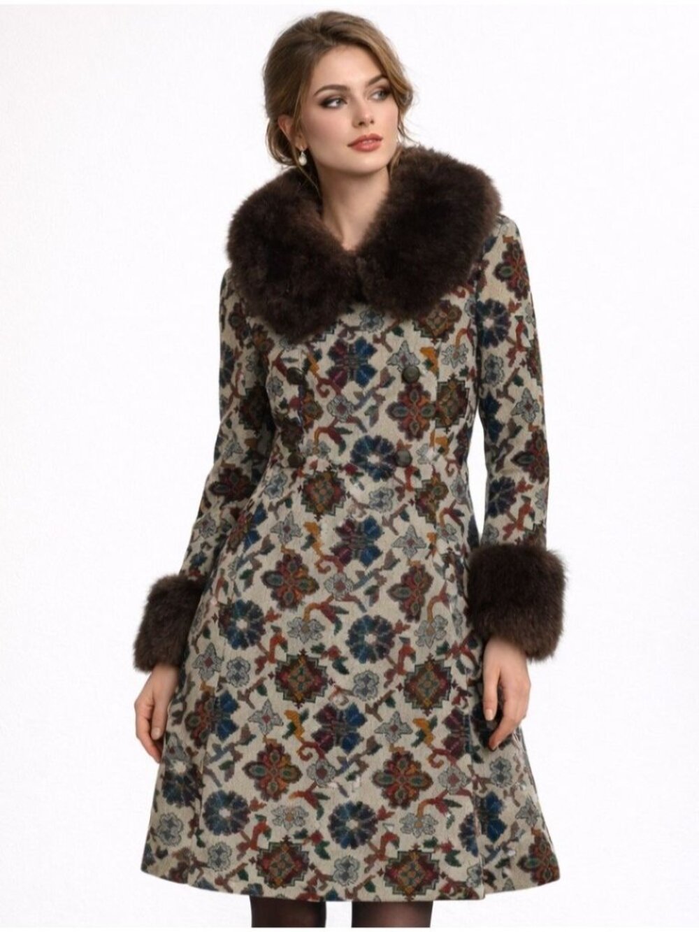 Vintage Midbrooke Tapestry Coat Real Fur ILGWU Union Made Small S 12